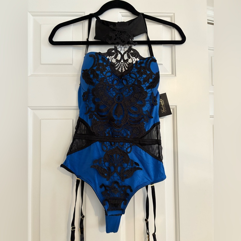 NWT Frederick’s of Hollywood Blue Lace Appliqué Bodysuit with Black Trim “Eliza”